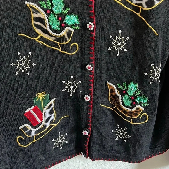 Vintage B.P. Design Beaded Embroidered Ugly Christmas Sleigh Cardigan Sweater - Picture 3 of 6